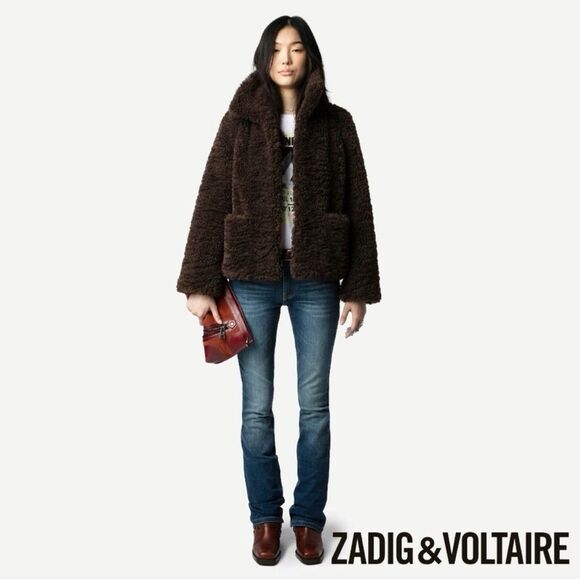 $548 Zadig & Voltaire **NWT w Small Flaw, Fred Soft Curly Sherpa Coat Brown XS - Picture 2 of 15